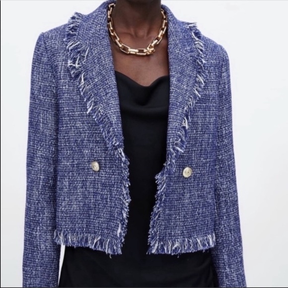 Zara Jackets & Blazers - Zara frayed Blue tweet blazer jacket Sz L NWT